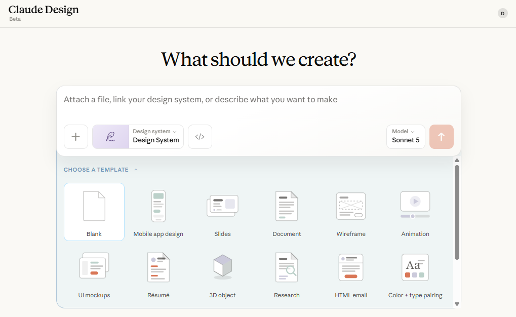 Claude Design welcome screen with upload controls, design-system selection, and visual project templates.