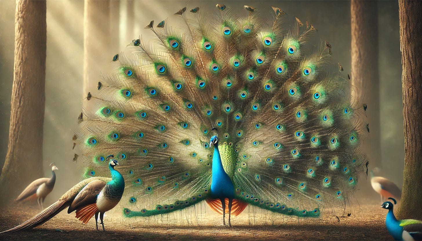 A highly realistic and detailed photograph-style image of a peacock in full display, showcasing its vibrant and iridescent tail feathers in all their glory. The peacock is positioned in the foreground, spreading its brilliant blue, green, and gold plumage in a fan shape, with intricate eye-like patterns on the feathers. In the background, a peahen (female peacock) watches calmly, showing her more subdued brown and white colors. The setting is a natural environment, with soft sunlight filtering through trees, and the ground covered in grass and scattered leaves, creating a serene and elegant atmosphere.