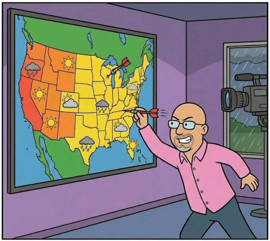 Cartoon weather forecaster Todd throwing a dart at a weather map