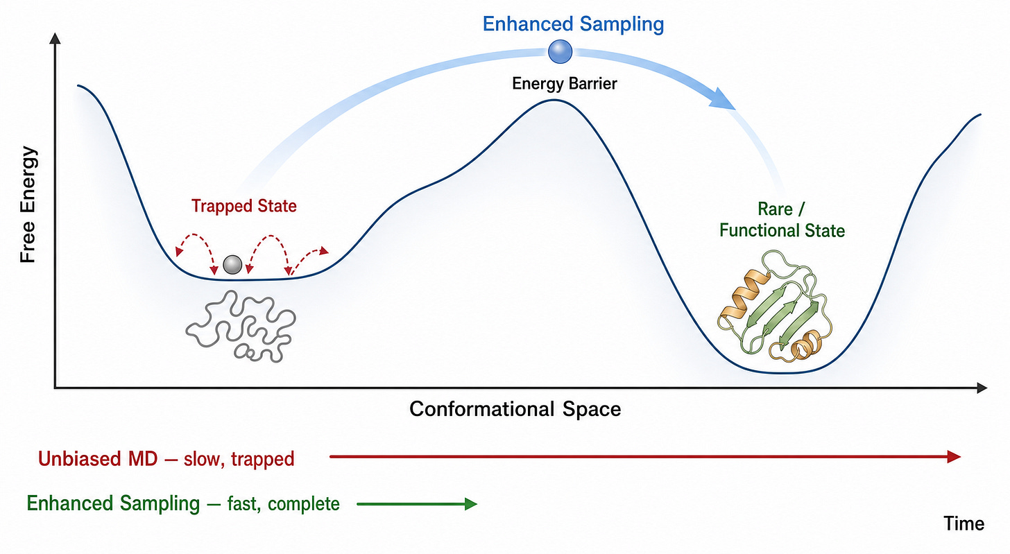 BioRender-style illustration of enhanced sampling in MD: overcoming energy barriers to access rare functional conformational states. BioRender-style illustration of enhanced sampling in MD: overcoming energy barriers to access rare functional conformational states.