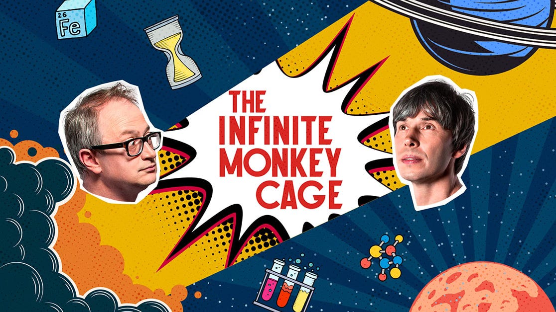 Artwork van the infinite monkey cafe. Je ziet een strip achtige illustratie met een zandloper, elementen uit de periodieke tabel, reageerbuisjes die bubbel en een planeet. De hoofden van de presentatoren zijn uit een foto geknipt en op de illustratie geplakt. Het betreft witte mannen met licht grijzend haar.