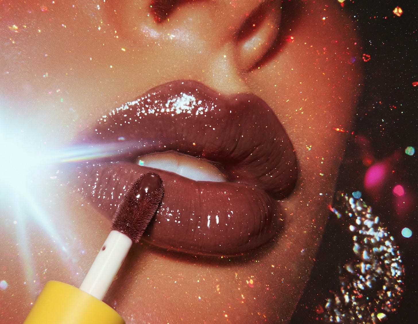 AI-generated close up image of woman's lips with plum lip gloss applicator at a disco by commercial photographer Leah Fasten using Midjourney, Adobe Firefly and NanoBanana.