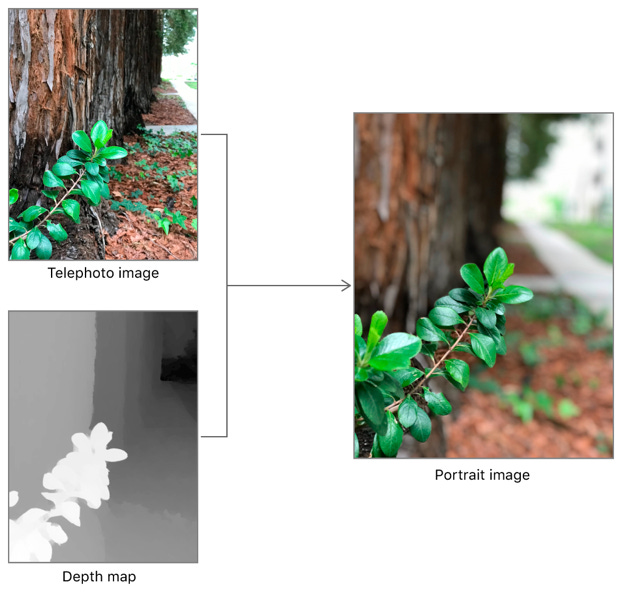 Figure showing how iOS creates a Portrait photo effect using a color camera image and a depth map Figure showing how iOS creates a Portrait photo effect using a color camera image and a depth map