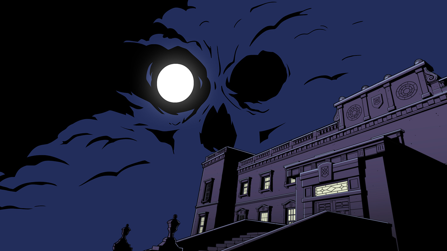 A closeup of the moon above Blake Manor in the cover art, looking like a monocle on a skull A closeup of the moon above Blake Manor in the cover art, looking like a monocle on a skull