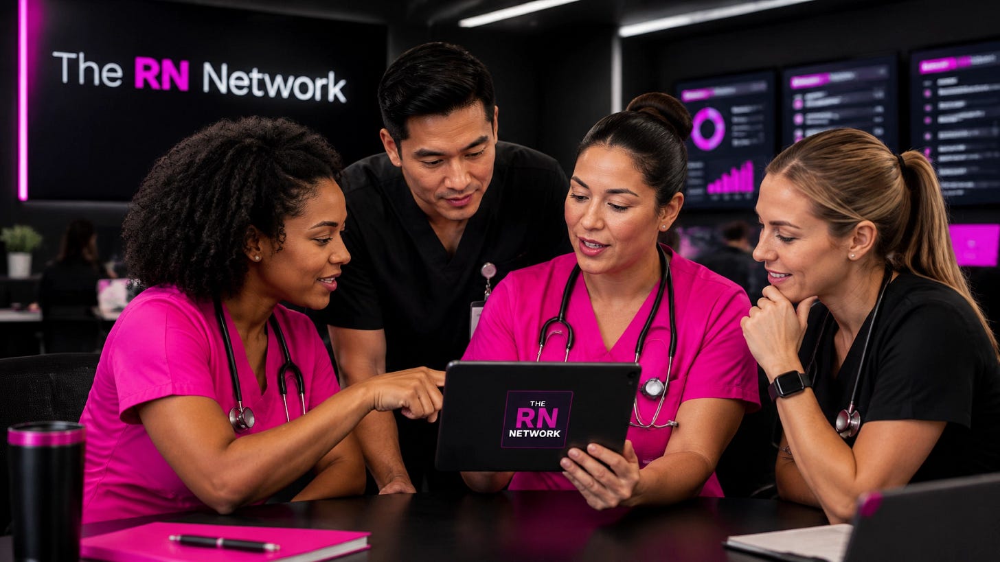 Registered nurse in pink scrubs collaborating with healthcare professionals on clinical systems work Registered nurse in pink scrubs collaborating with healthcare professionals on clinical systems work