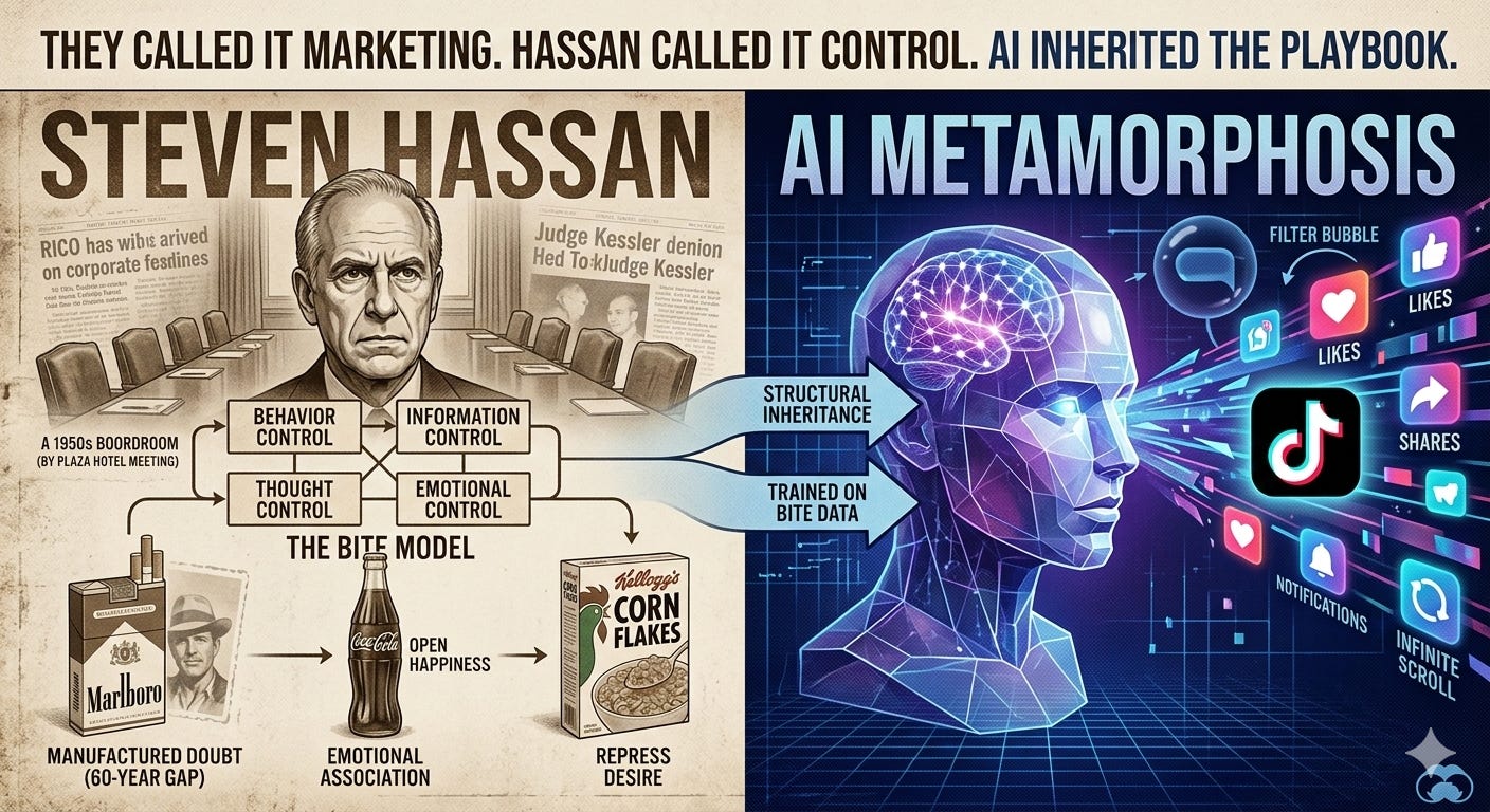 A split-screen infographic. The left side is a vintage, sepia-toned diagram of Steven Hassan’s BITE model (Behavior, Information, Thought, Emotional control) featuring icons of 20th-century corporate giants like Marlboro and Coca-Cola. The right side is a vibrant, neon-blue digital brain representing AI, with arrows labeled 'Structural Inheritance' showing the BITE principles flowing into modern social media icons, notifications, and an infinite scroll interface