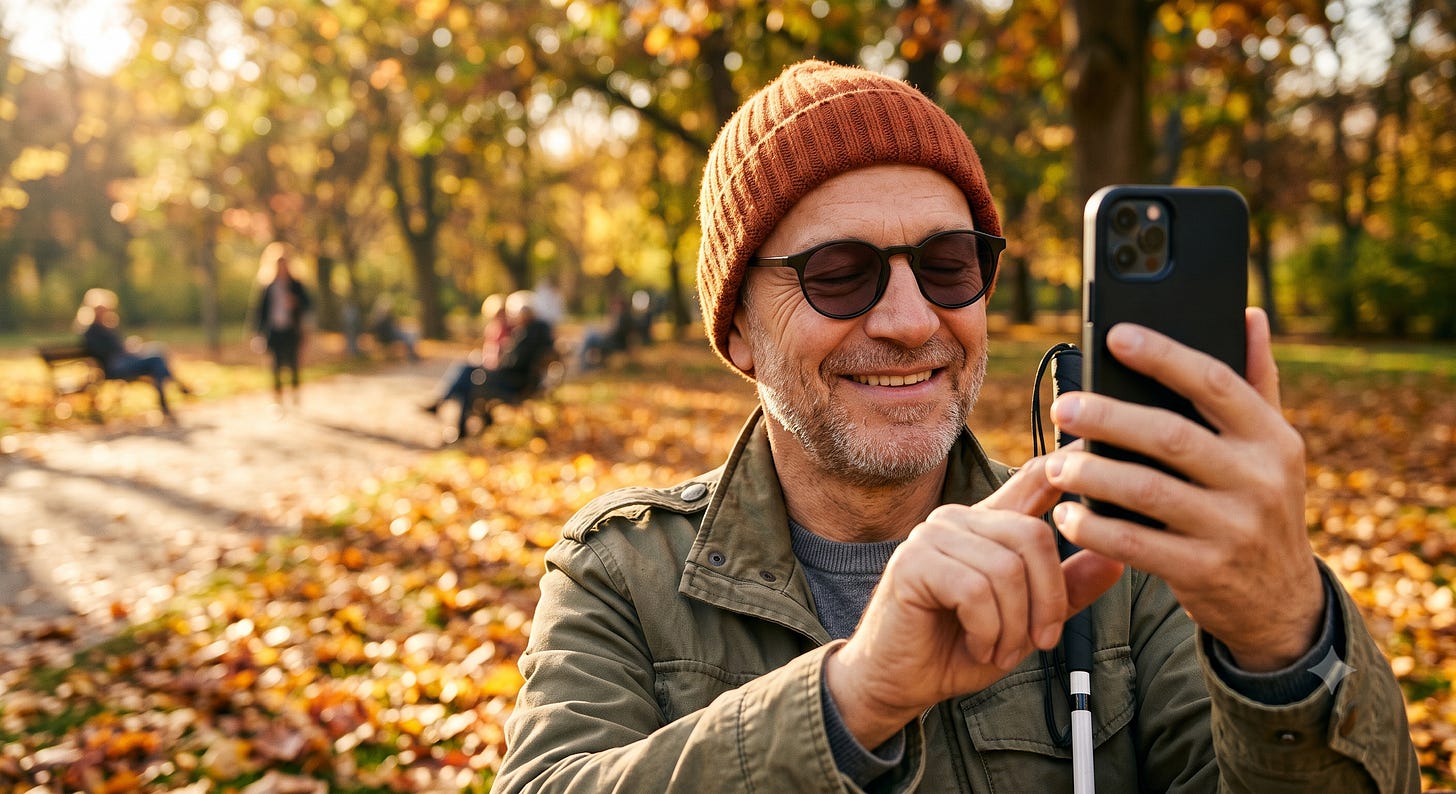 A smiling blind man with a white cane takes a selfie with his smartphone in a sunny autumn park. A smiling blind man with a white cane takes a selfie with his smartphone in a sunny autumn park.