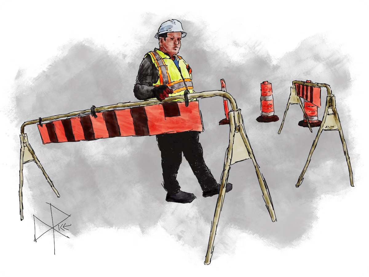 A man in a safety vest and hard hat, walking the perimeter of a construction site marked by temporary barriers. Sketch art by Don Rice.