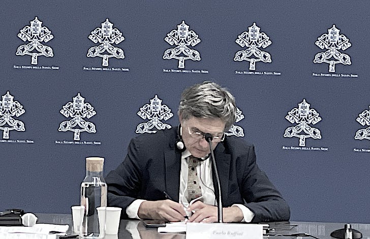 Vatican communications prefect Paolo Ruffini at a Vatican press conference during the October 2023 synod on synodality. Credit: JD Flynn/Pillar Media