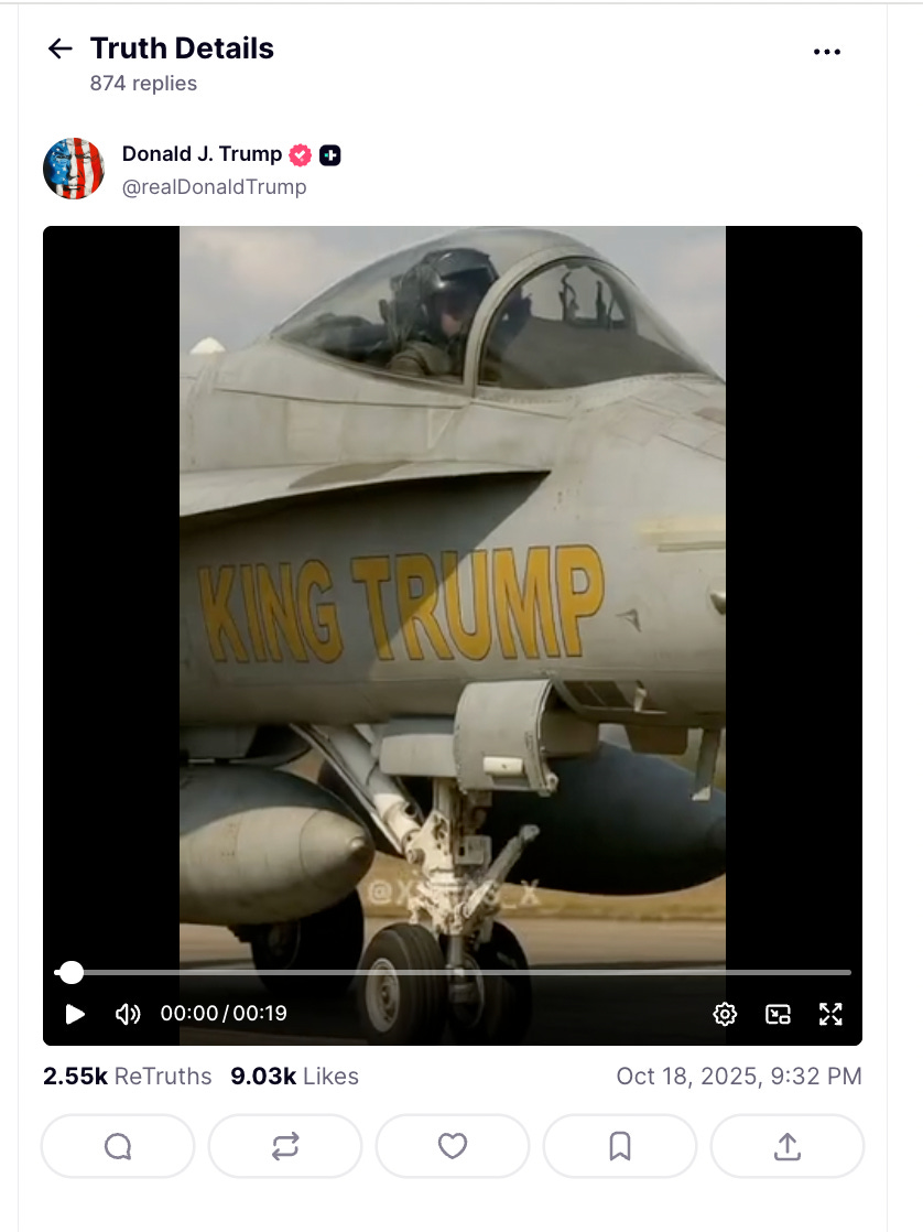 Screenshot from Trump’s True Sociopath. Clicking the image takes you to the original post. The video shows Trump in a jet fighter cockpit. The jet fighter is labeled King Trump. He's wearing a crown. The jet takes off and he flies over protesters. The video cuts to a happy protester. Loads of shit falls all over him, ruining his mood. The video then shows Trump in the jet dropping loads of shit on the crowd like planes putting out a fire. Screenshot from Trump’s True Sociopath. Clicking the image takes you to the original post. The video shows Trump in a jet fighter cockpit. The jet fighter is labeled King Trump. He's wearing a crown. The jet takes off and he flies over protesters. The video cuts to a happy protester. Loads of shit falls all over him, ruining his mood. The video then shows Trump in the jet dropping loads of shit on the crowd like planes putting out a fire.