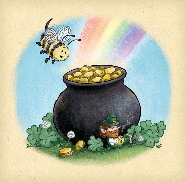 This may contain: a pot full of gold coins with a bee flying over it and a rainbow in the background This may contain: a pot full of gold coins with a bee flying over it and a rainbow in the background