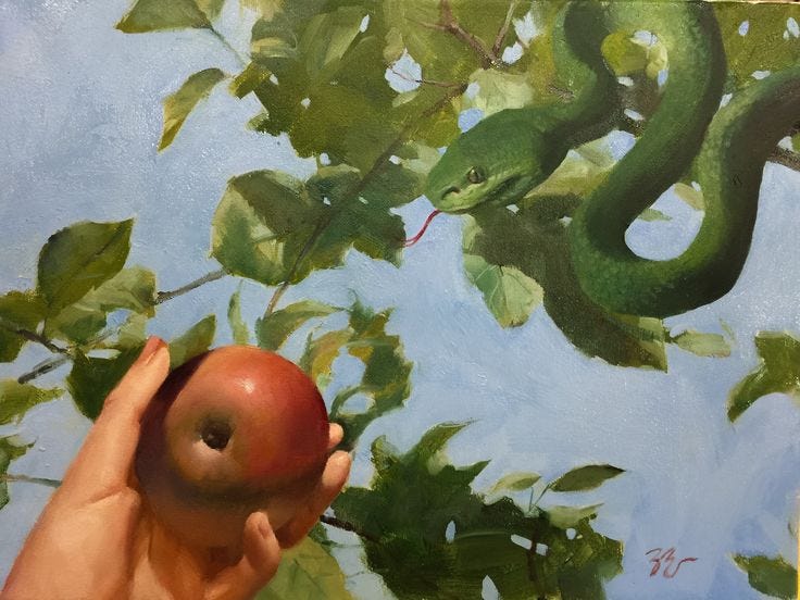 This may contain: a painting of someone holding an apple in front of a snake This may contain: a painting of someone holding an apple in front of a snake