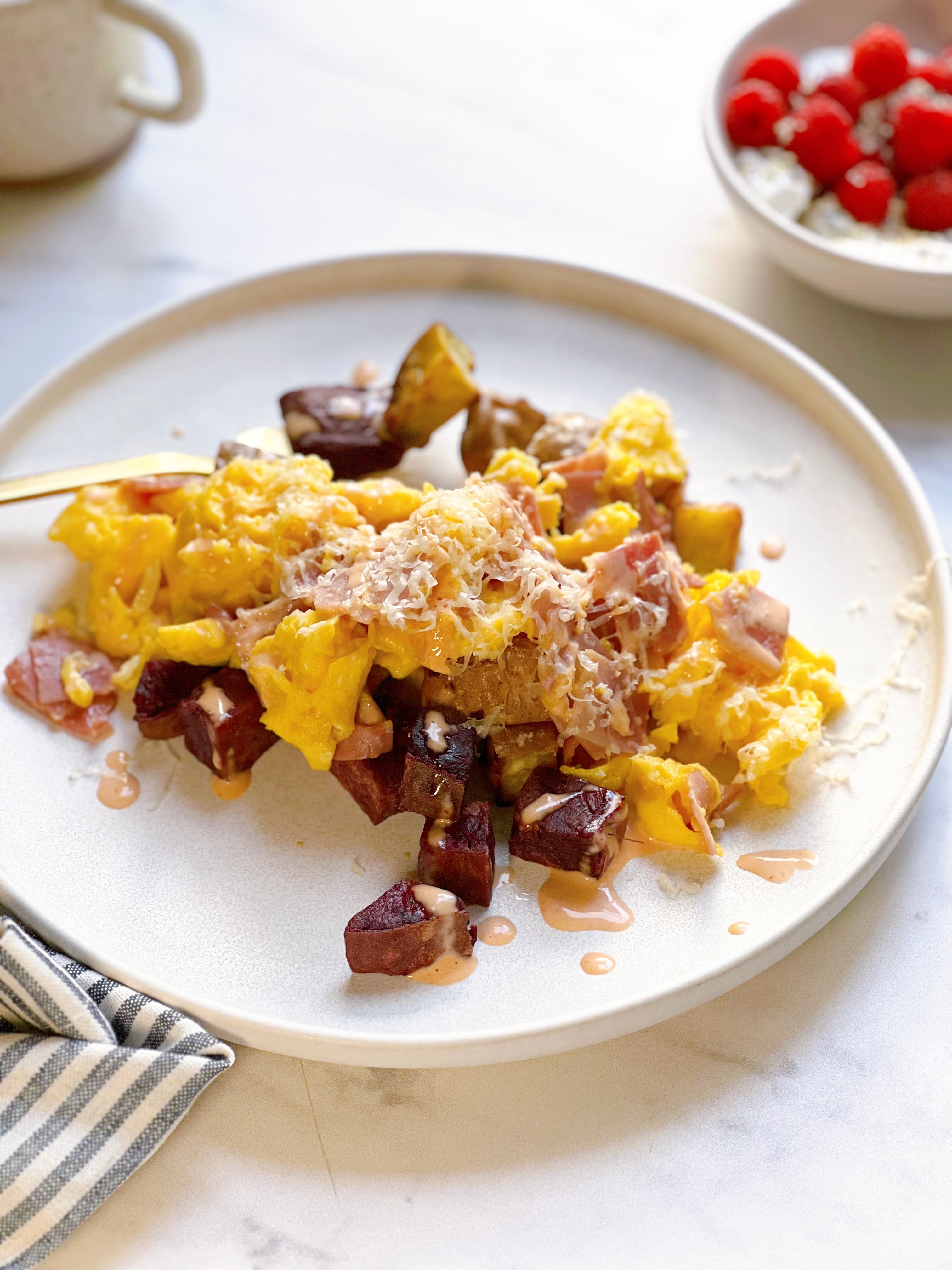 High Fiber Soft Scramble Ham and Cheese Breakfast Bowl Recipe