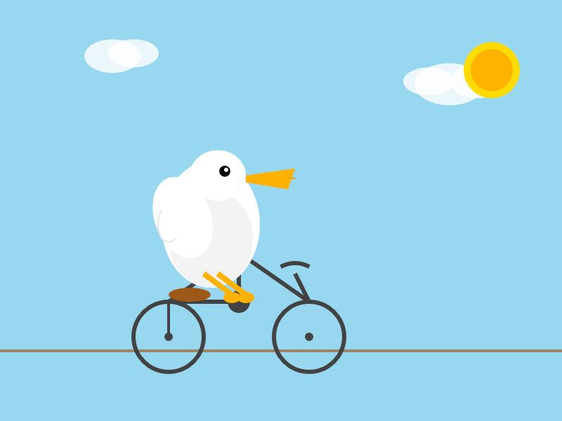 Claude Sonnet 4.5 says: Illustration of a white seagull with an orange beak and yellow feet riding a bicycle against a light blue sky background with white clouds and a yellow sun.