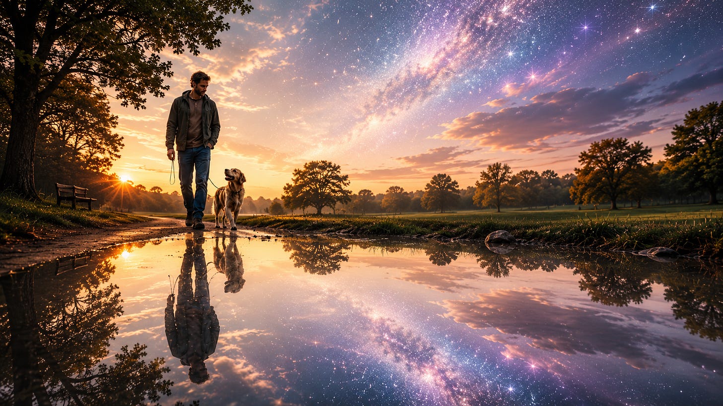 A man and his dog walk together at sunrise on a quiet park path, beside a pond reflecting stars and a luminous cosmic sky. A man and his dog walk together at sunrise on a quiet park path, beside a pond reflecting stars and a luminous cosmic sky.