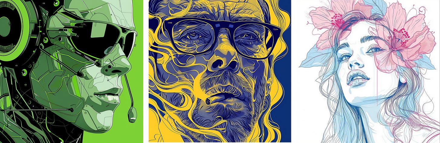Dystopic android with sunglasses | Man with glasses, cigar and smoke | Beautiful woman with flowers