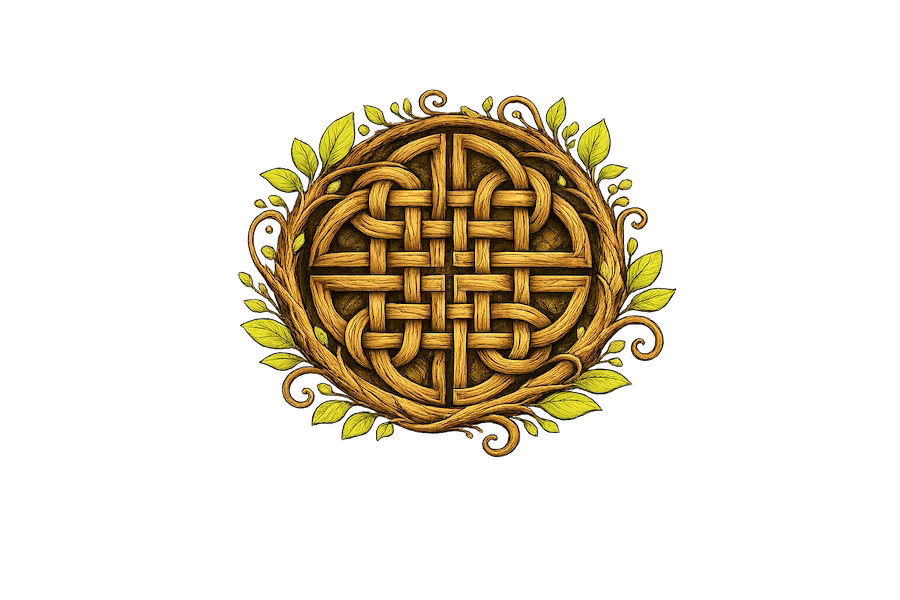 A circular Celtic Dara Knot formed from interwoven branches and leaves, symbolizing strength, resilience, and deep-rooted connection inspired by the oak tree. © 2026 Kim West. All rights reserved. This original Dara Knot artwork was created for Sanctuary and may not be reproduced, distributed, or used without permission.