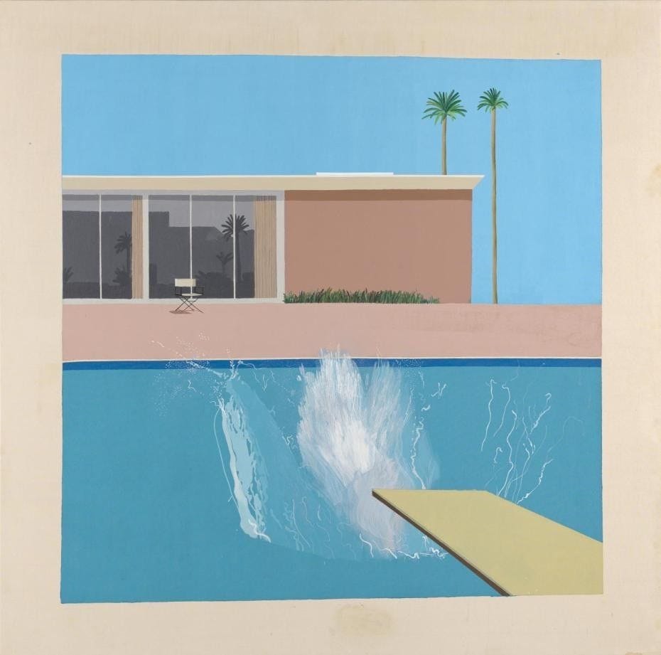 A Pinterest pin added by mosca on Apr 04, 2025. The author is @pedromosca. May present: david hockney the splash, a bigger splash, the splash, tate, portrait of an artist (pool with two figures).