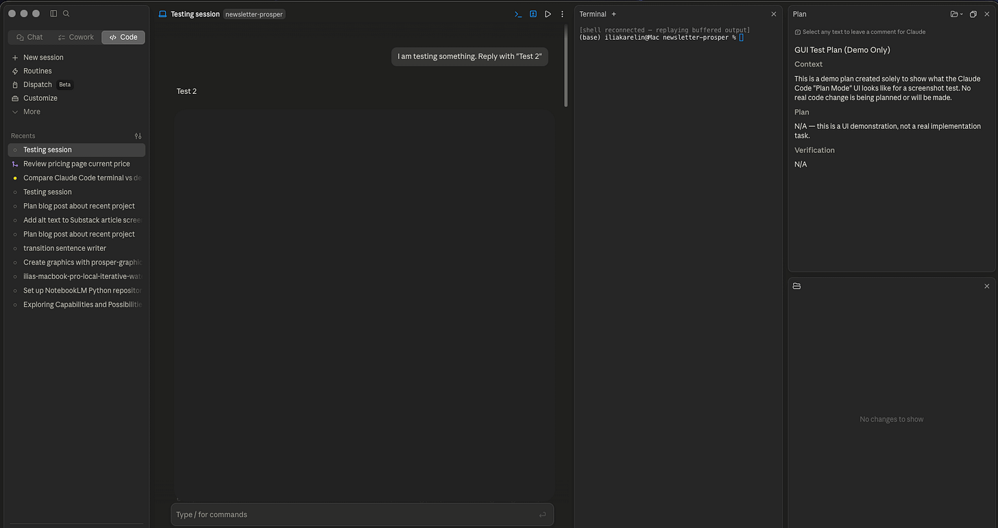 Desktop app with terminal pane, plan mode, and diff viewer all active simultaneously
