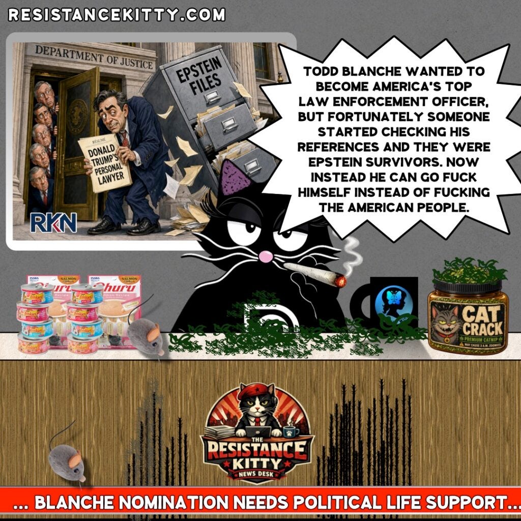 Resistance Kitty says, “Todd Blanche wanted to become America’s top law enforcement officer, but fortunately someone started checking his references and they were Epstein Survivors. Now instead he can go fuck himself instead of fucking the American people.” Resistance Kitty says, “Todd Blanche wanted to become America’s top law enforcement officer, but fortunately someone started checking his references and they were Epstein Survivors. Now instead he can go fuck himself instead of fucking the American people.”