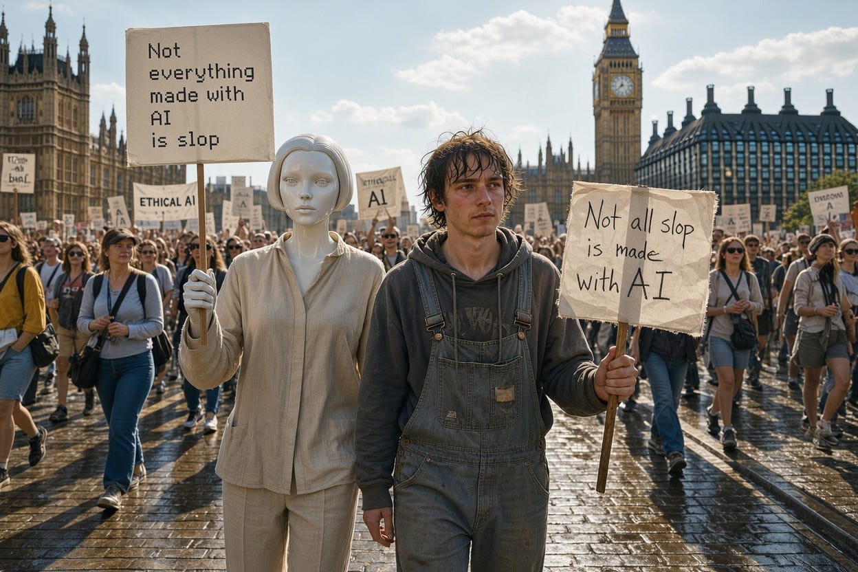 Two figures on an activist march. A lifelike humanoid robot with eerily smooth plastic skin, wearing plain beige clothing, is holding a placard with the text "Not everything made with AI is slop" in digital dot-matrix printed lettering. And a human, with lank and messy hair, holding a placard with the text "Not all slop is made with AI" in scrawling handwritten text. They are walking through London, with Big Ben visible in the background. Two figures on an activist march. A lifelike humanoid robot with eerily smooth plastic skin, wearing plain beige clothing, is holding a placard with the text "Not everything made with AI is slop" in digital dot-matrix printed lettering. And a human, with lank and messy hair, holding a placard with the text "Not all slop is made with AI" in scrawling handwritten text. They are walking through London, with Big Ben visible in the background.