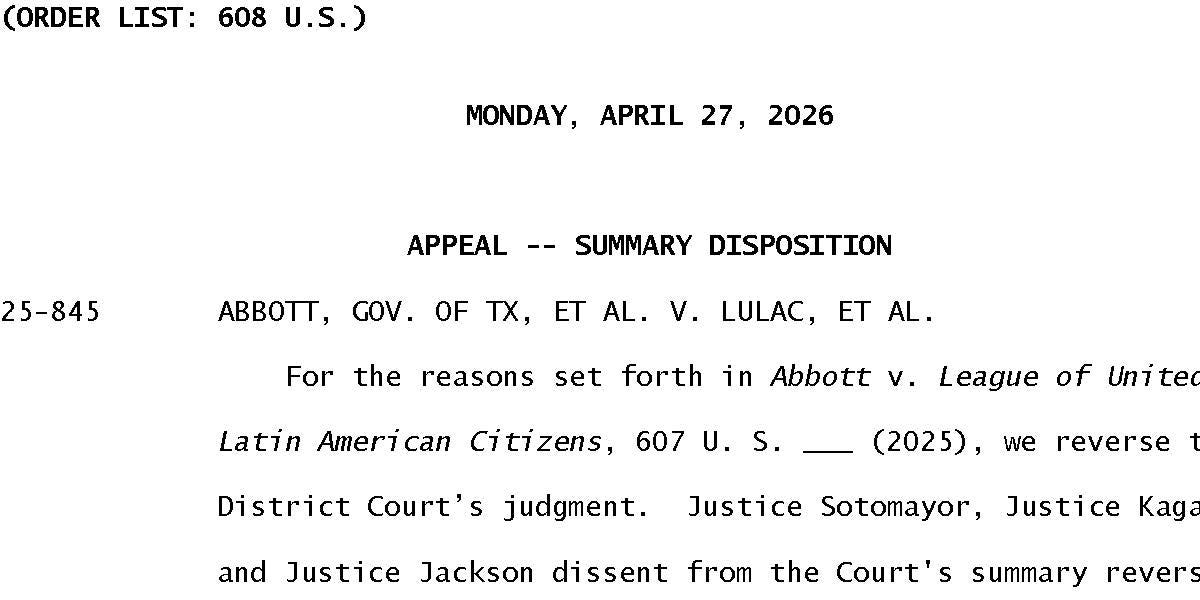 memeorandum: 223. The Revealing Summary Reversal in LULAC (Steve Vladeck