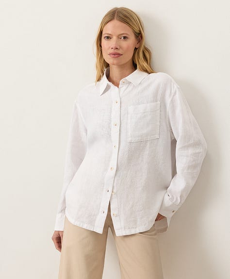 Various views of a model wearing the white longsleeve buttonfront linen shirt.