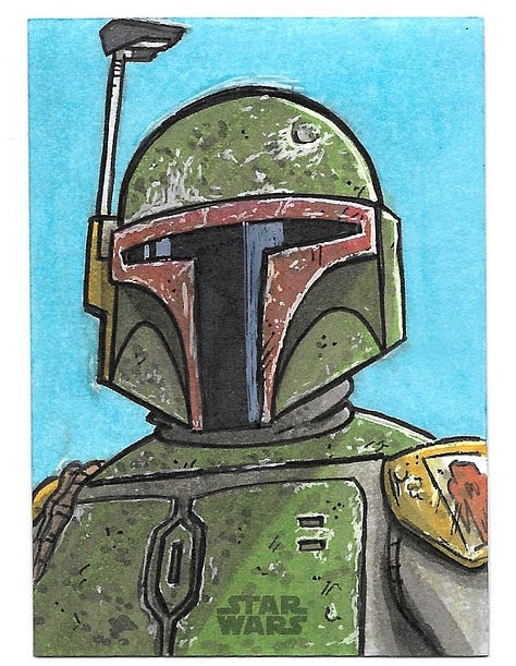Sketch Cards of Boba Fett, R2-D2, and Panda Baba