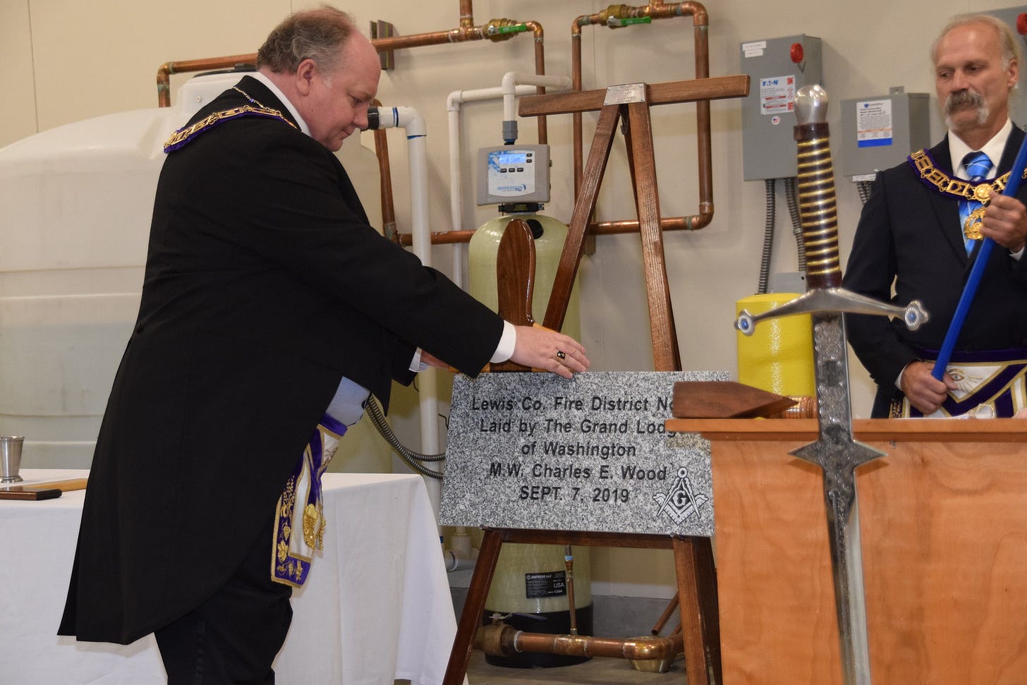 Laying of Mossyrock Fire Station Cornerstone. RW Bailey with W Talley. Laying of Mossyrock Fire Station Cornerstone. RW Bailey with W Talley.
