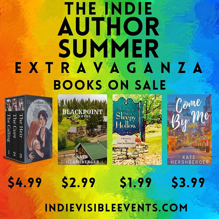 Graphics detail one author's participation in The Indie Author Summer Extravaganza Book Sale. 