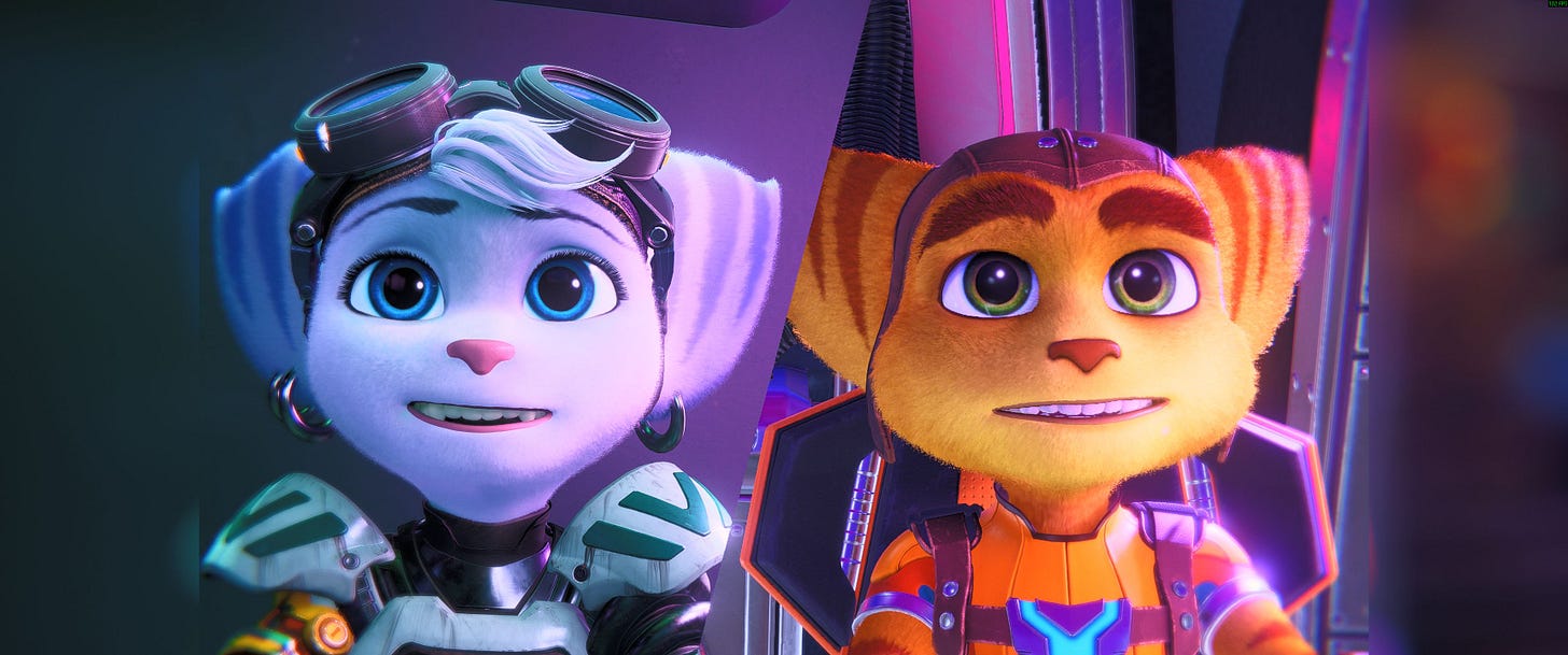 Rivet and Clank smiling side by side with a diagonal cut between them.