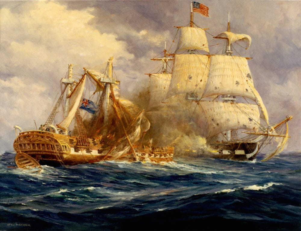 A painting depicts two ships at battle. Constitution is at the right of the frame with torn sails. Guerriere is in the middle of the frame with damaged masts and a lot of cannon smoke around her deck. A painting depicts two ships at battle. Constitution is at the right of the frame with torn sails. Guerriere is in the middle of the frame with damaged masts and a lot of cannon smoke around her deck.