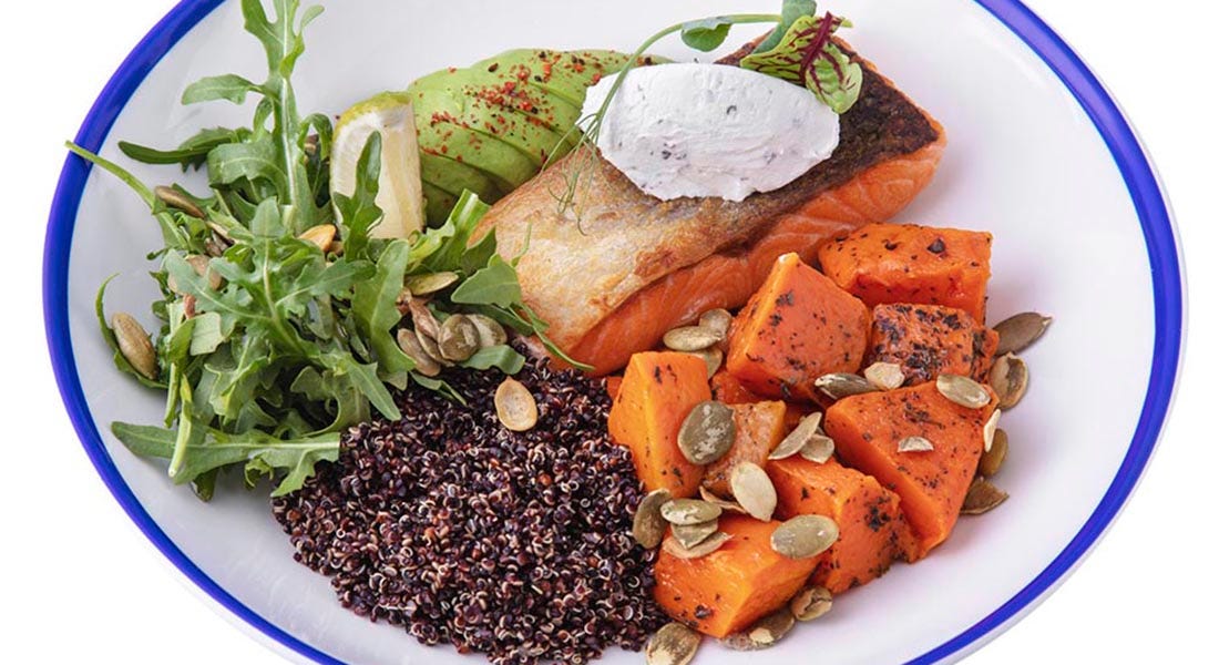 Salmon Quinoa Bowl with Greens & Lemon-Olive Oil Dressing
