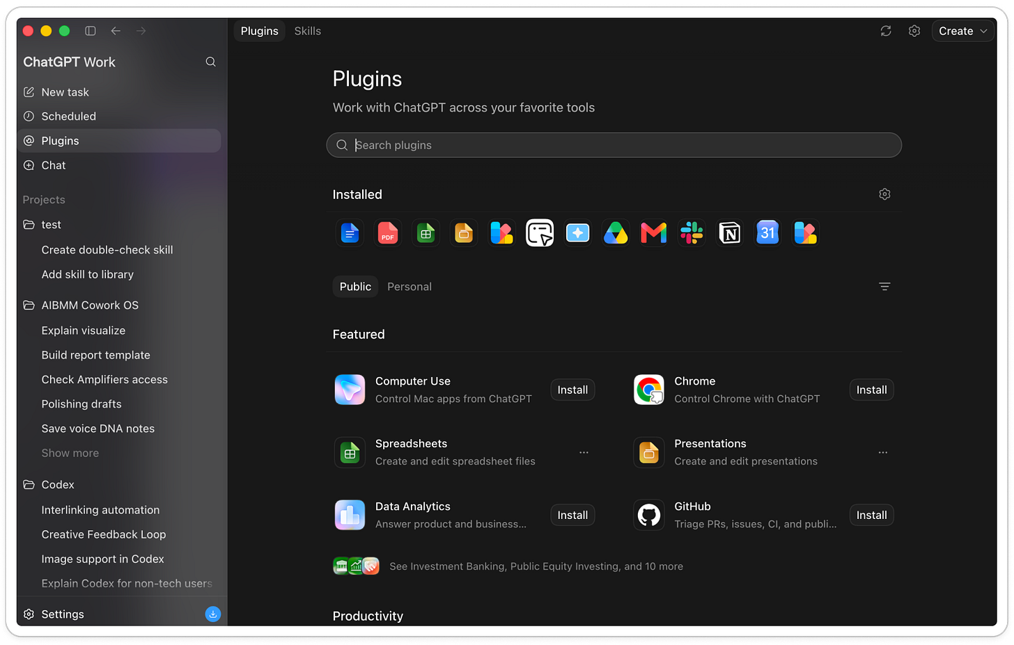 ChatGPT Work Plugins page in the desktop app showing installed plugin icons, the Public and Personal tabs, and featured plugins including Computer Use, Chrome, Spreadsheets, Presentations, Data Analytics, and GitHub with Install buttons.