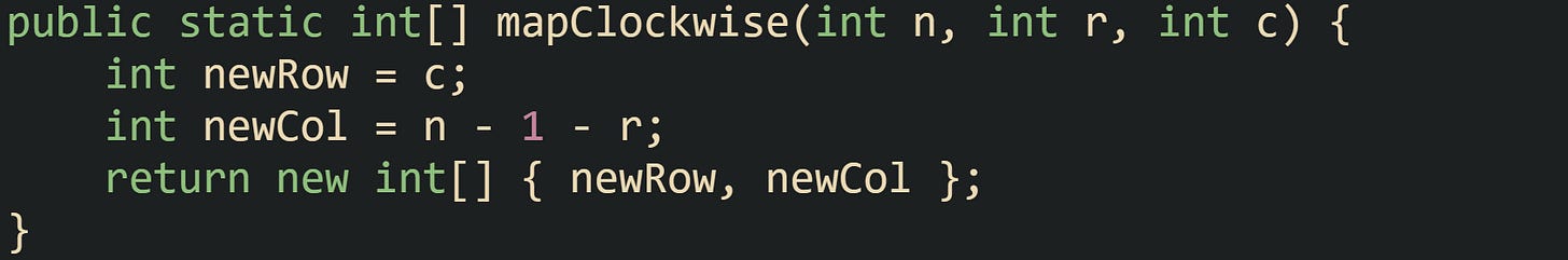 public static int[] mapClockwise(int n, int r, int c) {     int newRow = c;     int newCol = n - 1 - r;     return new int[] { newRow, newCol }; }