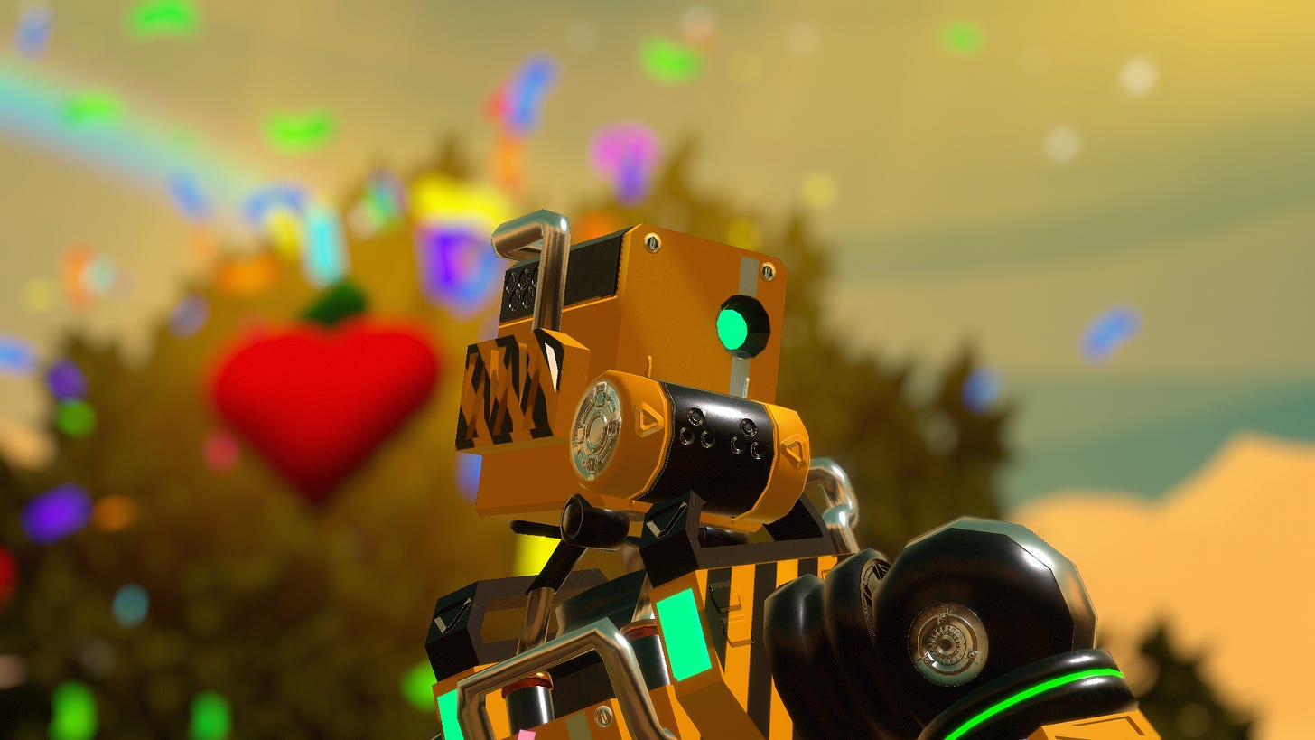 A yellow and black robot avatar looks to the right. Behind him is confetti and a heart emote.