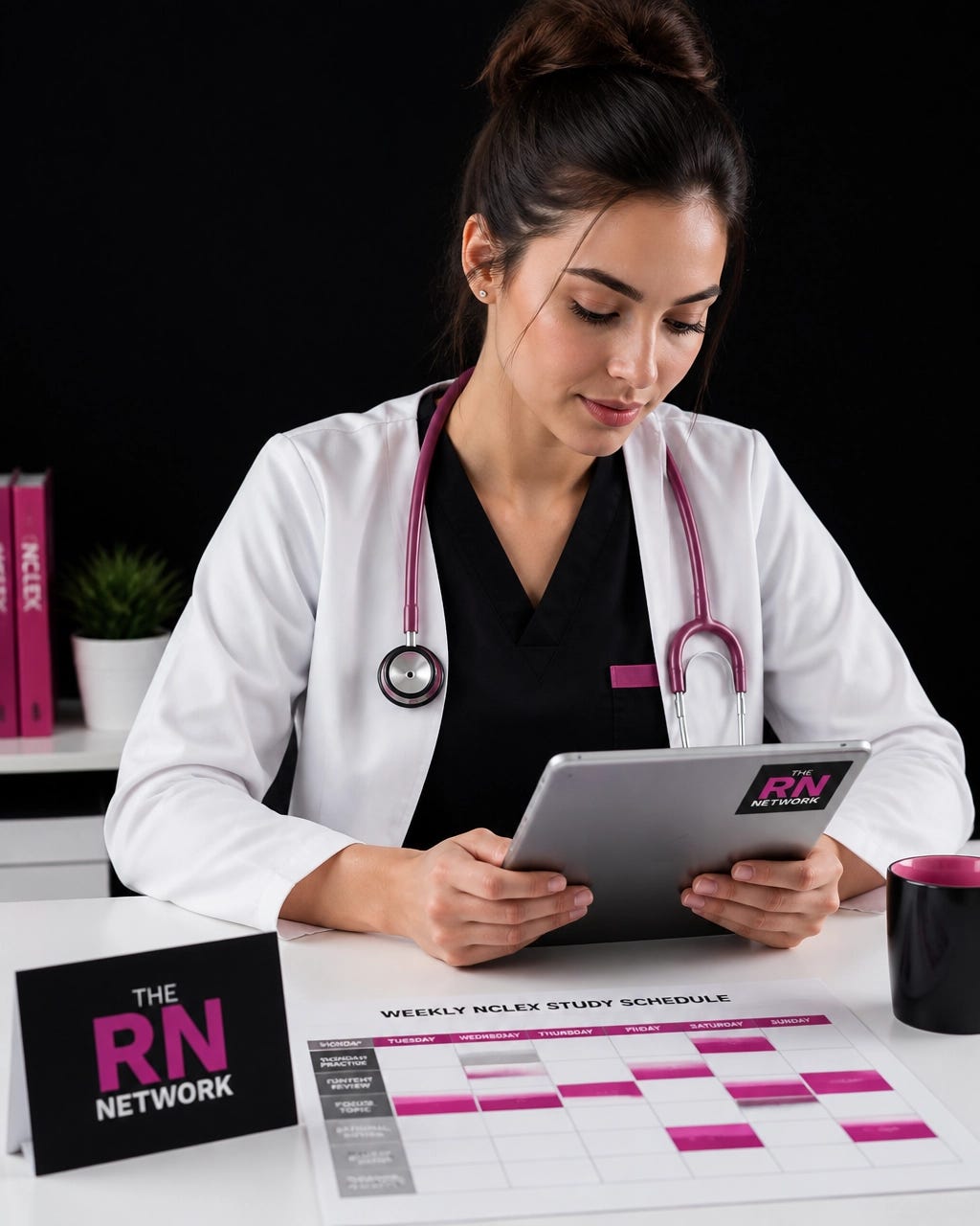 A nurse reviewing NCLEX practice questions and a weekly study schedule