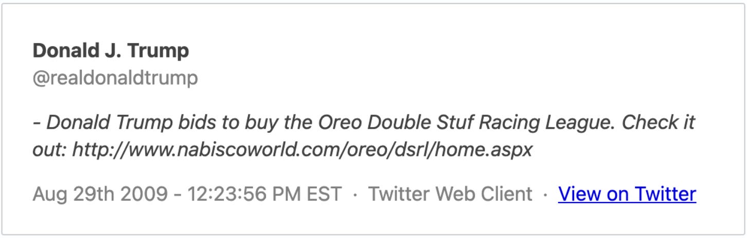 Tweet screenshot: "Donald Trump bids to buy the Oreo Double Stuf Racing League. Check it out."