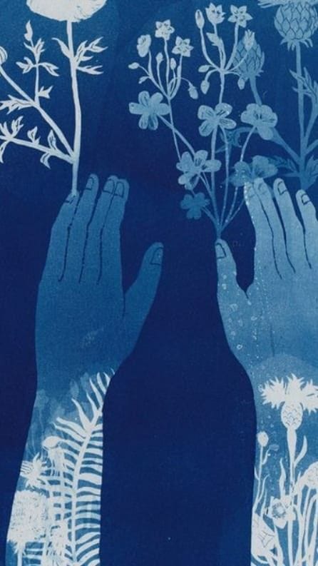 This may contain: two hands reaching for flowers in blue and white ink, against a background of ferns This may contain: two hands reaching for flowers in blue and white ink, against a background of ferns
