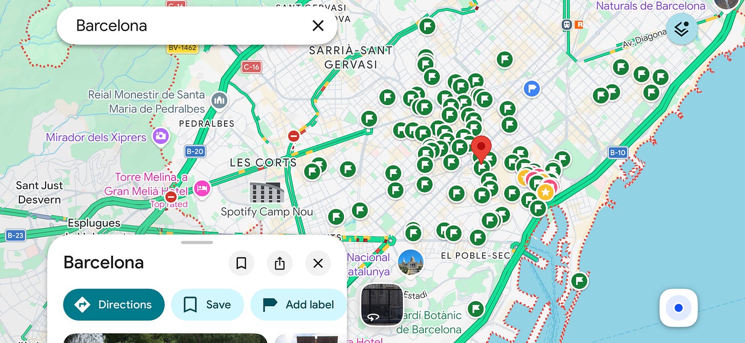 Google Maps showing hundreds of saved places across Barcelona
