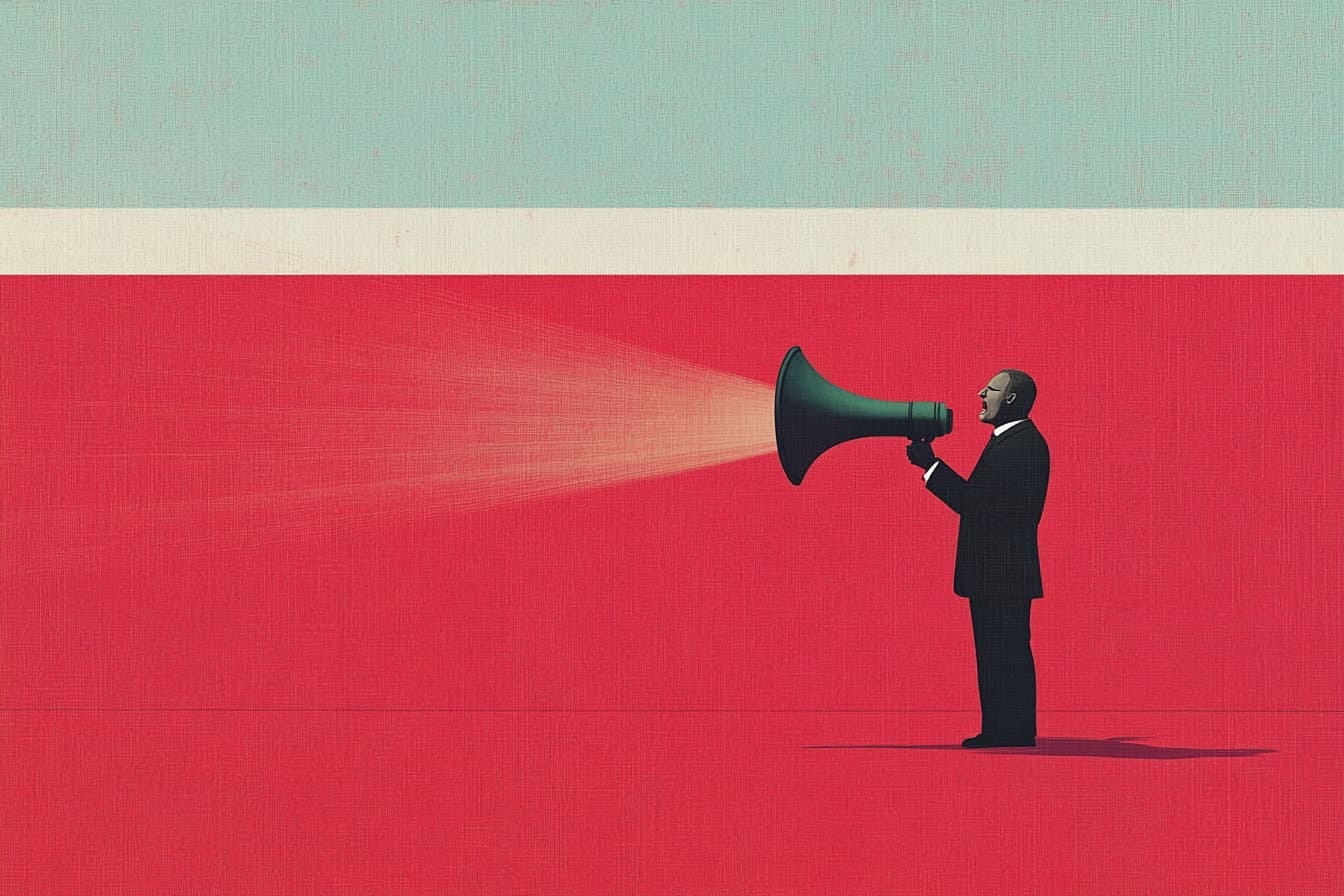 Silhouette of a man shouting into a bullhorn with a red background