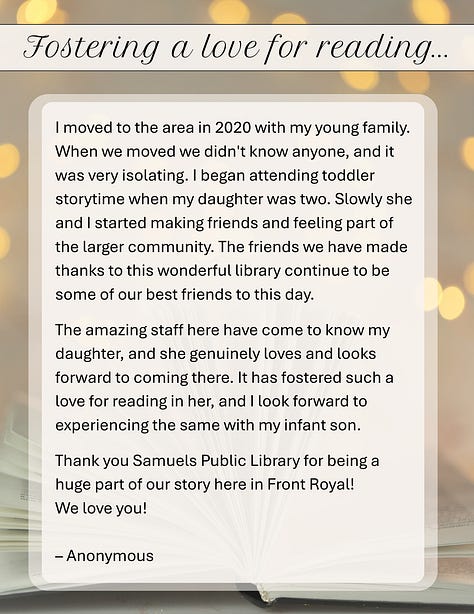 Gallery of photos that include patron, community member, and visitor testimonials on what Samuels Library means to them