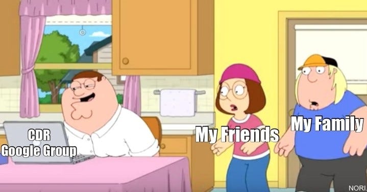Family Guy still of Peter at a laptop labelled "CDR Google Group", watched by Meg labelled "My friends" and Chris labelled "My family".