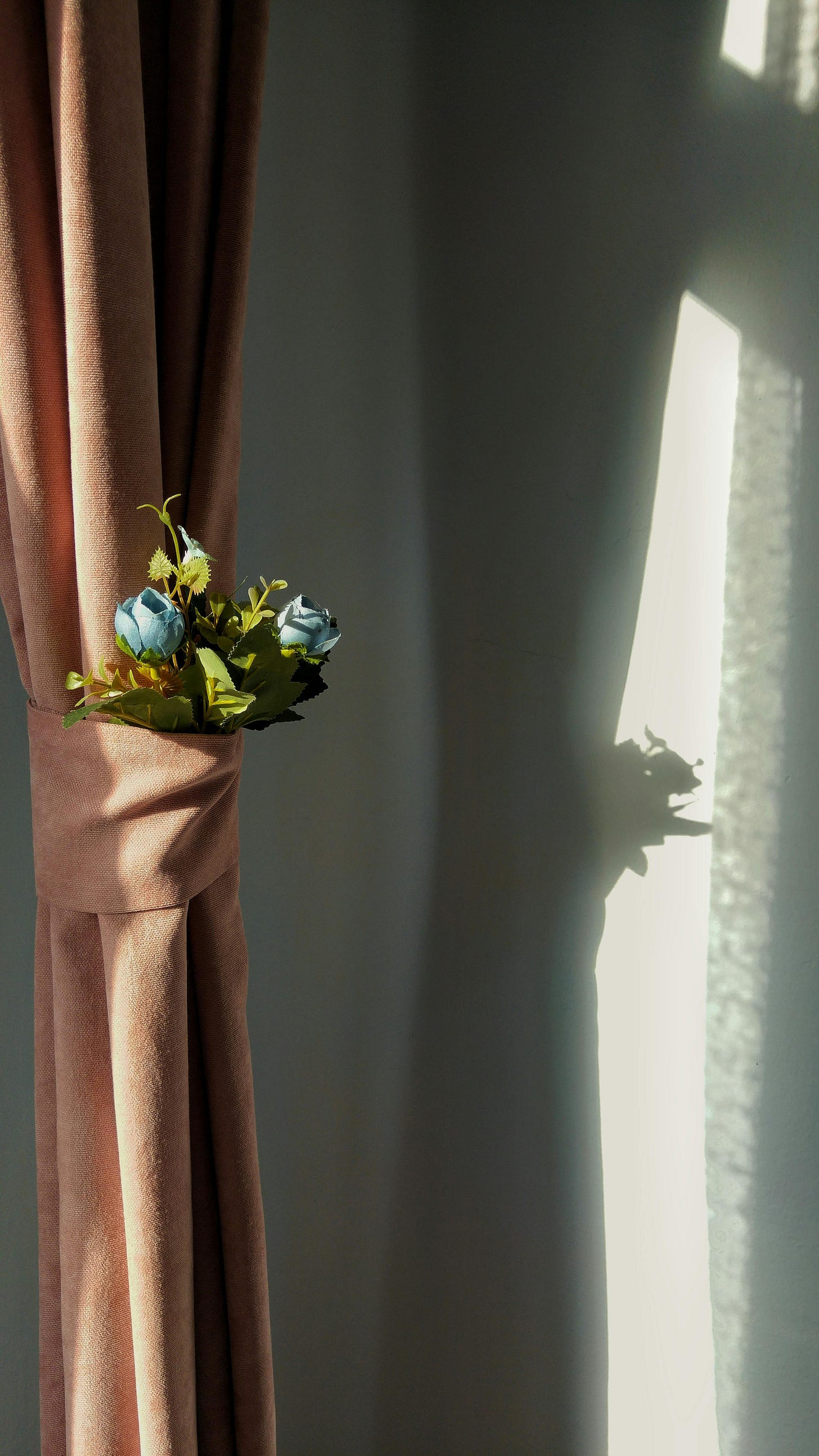 Dusty pink curtain with blue roses in its tie and the wall's shadows behind it Dusty pink curtain with blue roses in its tie and the wall's shadows behind it