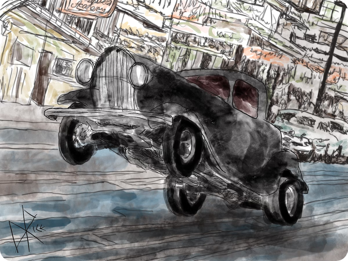 A black 1940’s coupe, modded as a hot rod, doing a wheelie on a slightly inclined 1950’s city street. Sketch art by Don Rice. A black 1940’s coupe, modded as a hot rod, doing a wheelie on a slightly inclined 1950’s city street. Sketch art by Don Rice.