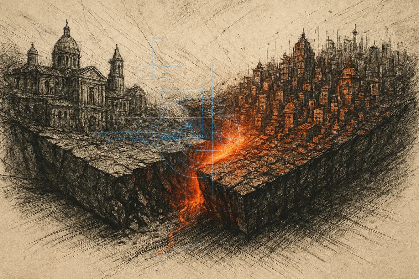 A gritty charcoal sketch of two massive tectonic plates grinding together. The left plate, representing old Europe, is crumbling. The right plate, representing a modern Indian megacity, is glowing with energy and pushing forward aggressively. The image is a visual allegory for a "Gravity Inversion"—a company's strategic center of mass shifting from a mature market to a high-growth emerging one, creating immense structural stress. A gritty charcoal sketch of two massive tectonic plates grinding together. The left plate, representing old Europe, is crumbling. The right plate, representing a modern Indian megacity, is glowing with energy and pushing forward aggressively. The image is a visual allegory for a "Gravity Inversion"—a company's strategic center of mass shifting from a mature market to a high-growth emerging one, creating immense structural stress.