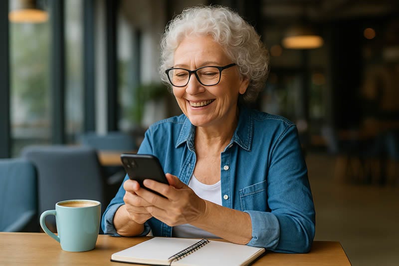 Fotografía realista horizontal que muestra a una mujer senior, con camisa vaquera abierta, gafas y el pelo blanco —canoso— sonriendo mientras usa su móvil en una cafetería moderna y luminosa, con una taza de café y una libreta, transmitiendo naturalidad, confianza y conexión al crear contenido honesto en internet.