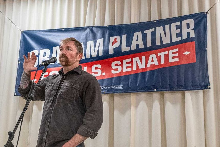 Graham Platner speaks to voters at a town hall at the Elks Lodge 188 on June 7, 2026 in Portland, Maine. Graham Platner speaks to voters at a town hall at the Elks Lodge 188 on June 7, 2026 in Portland, Maine.