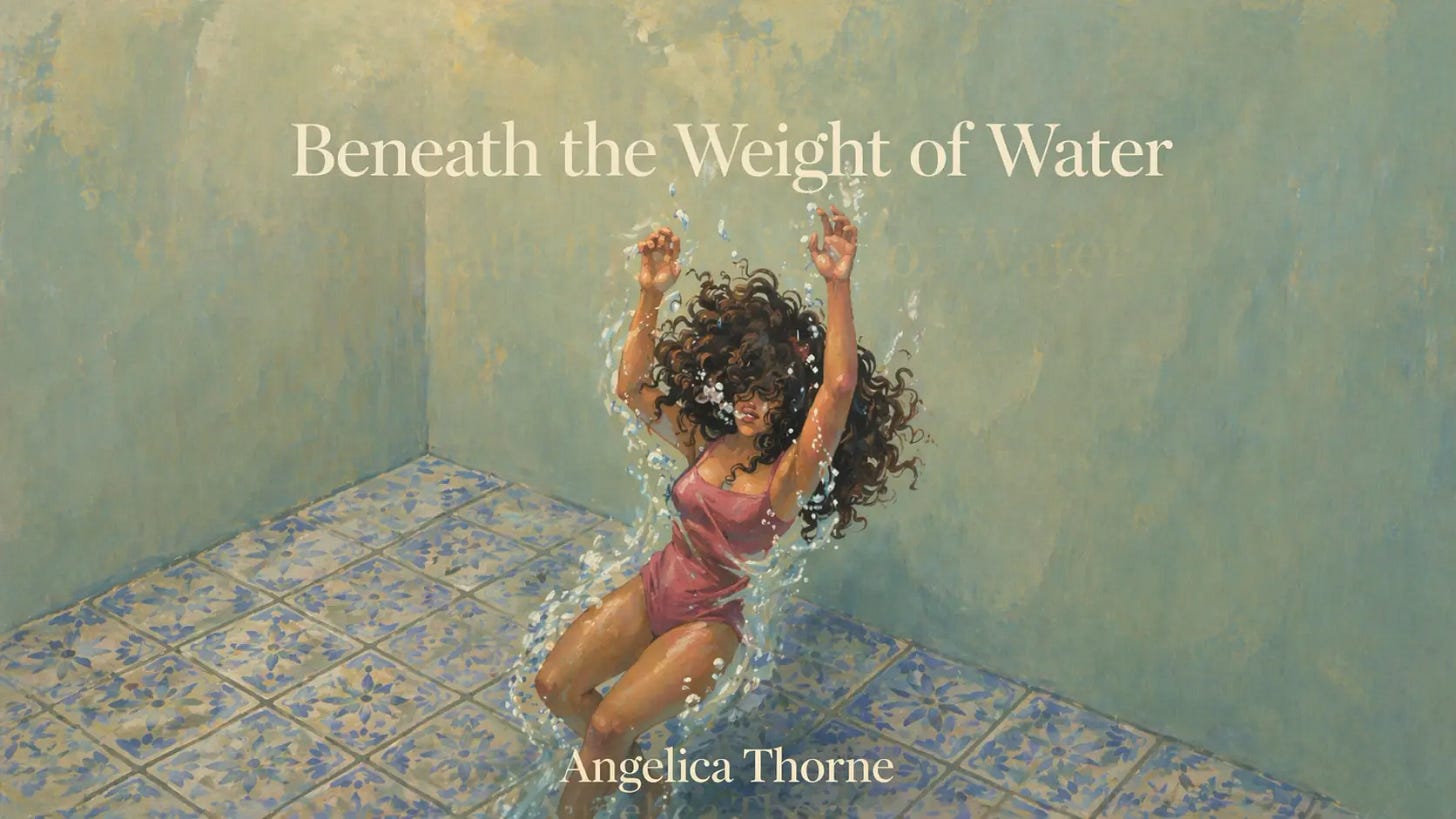 Illustration of a young woman submerged in water inside a tiled room, arms raised as she struggles, with the title Beneath the Weight of Water and the name Angelica Thorne overlaid.