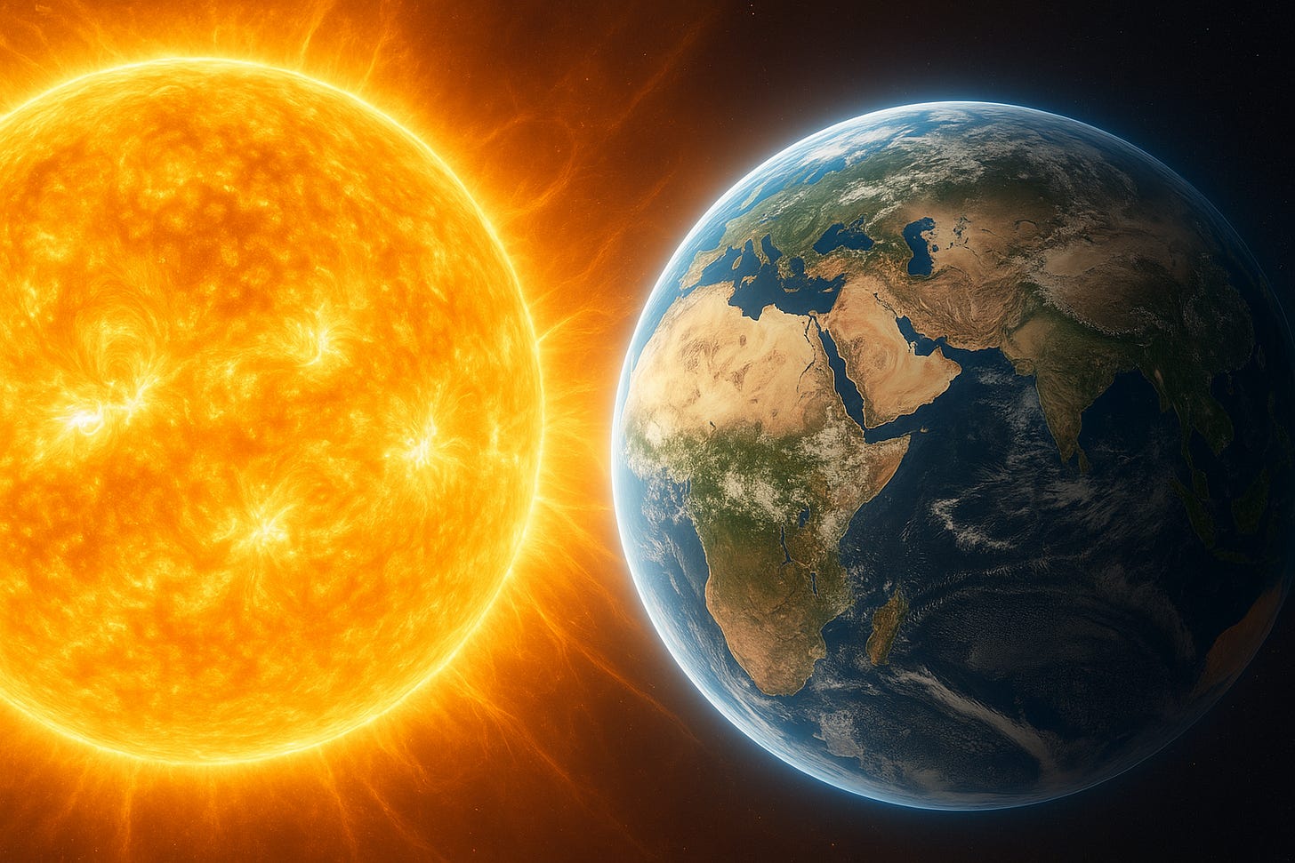 highly detailed landscape picture of the Earth closeup but we see it in the Sun's atmosphere... almost as if the Sun is zoomed in somewhat and casting photons at Earth....png